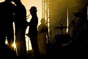 Silhouette of few musicians, staying at stage